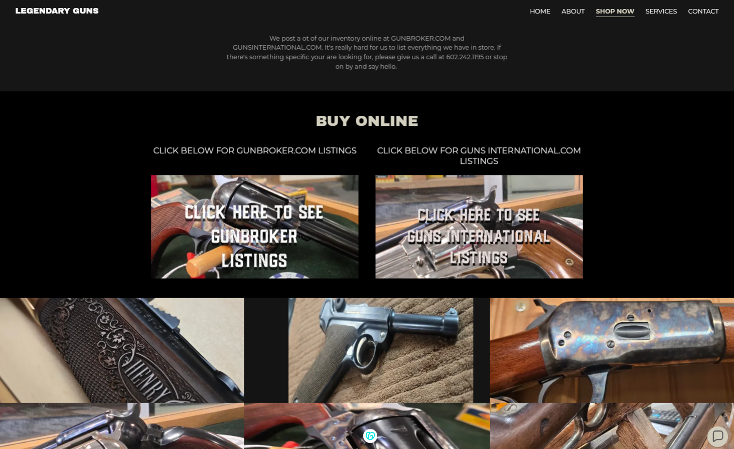 Legendary Guns homepage — wall of text, no visual hierarchy